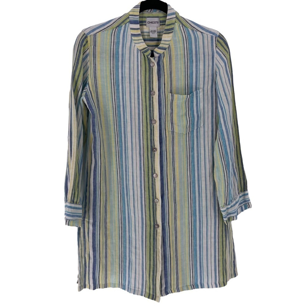 Chico's 100% Linen Mandarin Collar Blue/Green/Yellow Stripe Tunic - Sz XS/4